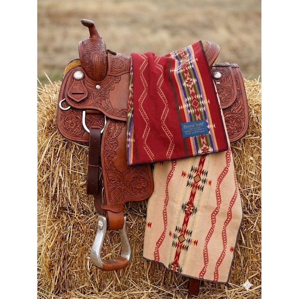 Vintage Pendleton Beaver State Red Rim Rock Wool Saddle Blanket Aztec 67x39 USA